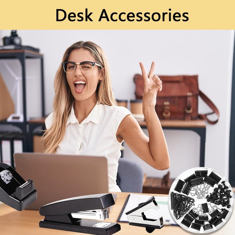 suniya Office Supplies,Desk Accessories,Tape Holder,Stapler,Scissor,Staple Remover,Box of Binder Clips,Staples,Ballpoint Pen,Lndex Tabs,Clear Tape,Office Supplies Set(Black) - Image 4